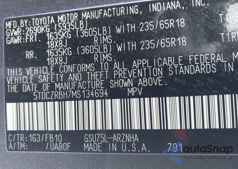 2021 Toyota Highlander L z USA, uszkodzony, nr VIN 5TDCZRBH7MS134694